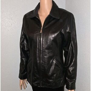 Luciano by Luis‎ Alvear Black Leather Jacket Women's M Collared Zip-Front